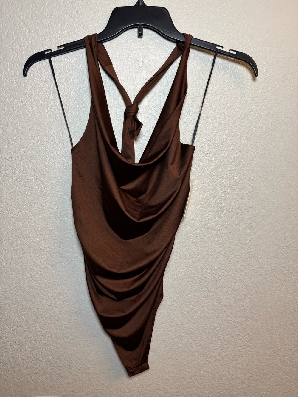 NWT Gaze Brown Satin Cowl Neck Halter Bodysuit - Size L